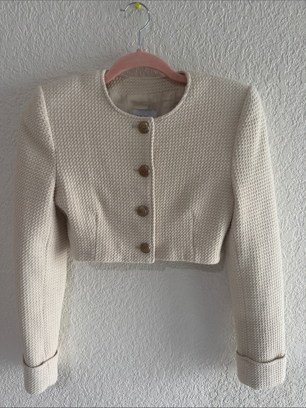 Zara Cream Cropped Textured Blazer with Gold Buttons